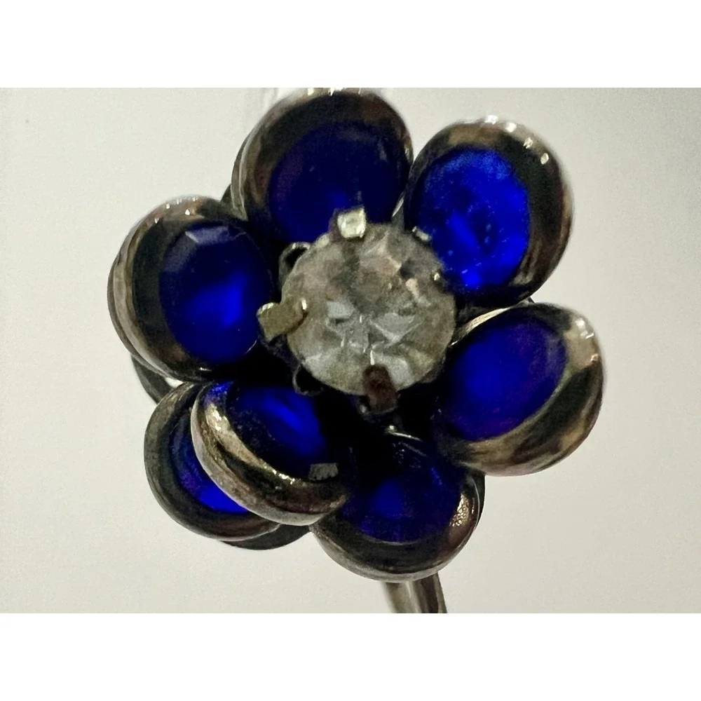 Vintage Cobalt Blue Glass‎ Floral Clip On Earrings Art Deco Rhinestone Flower